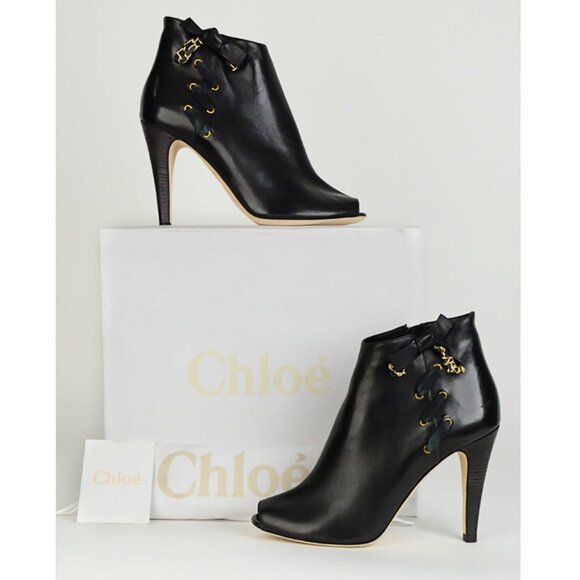 CHLOE ANKLE BOOTS LEATHER CHAIN BOW OPEN TOE LACEUP BOOTIES sz 40.5 10.5 - Picture 2 of 9
